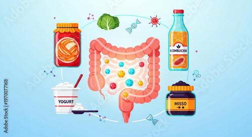 Human digestive system anatomy surrounded by probiotic food icons representing balanced gut health and beneficial bacteria in clinical vector style