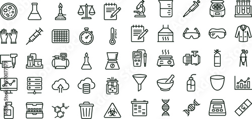 Laboratory research workflow outline icon set with sample analysis chemistry diagnostics biosafety lab equipment healthcare symbols for medical apps dashboards interfaces