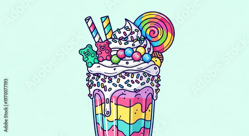 Giant decadent milkshake topped with whipped cream lollipops candies and gummy bears in colorful pop art vector illustration style on pastel