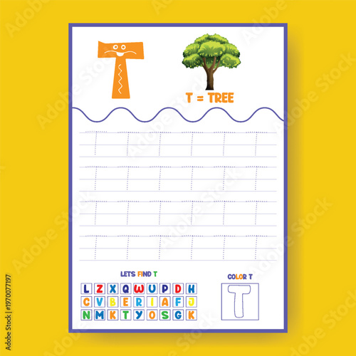 Preschool letter t tracing worksheet for kids learning alphabet lowercase uppercase with tree illustration and find letter activity for kindergarten education