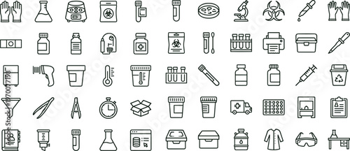 Laboratory diagnostics equipment outline icon set with sample testing biosafety research tools pathology healthcare symbols for medical apps dashboards interfaces