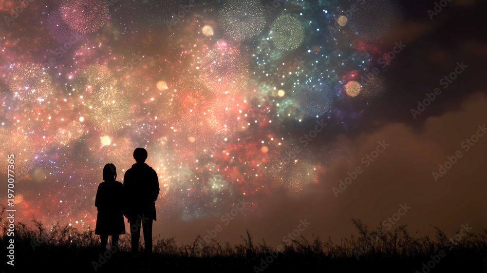 Fototapeta premium Silhouetted couple watching fireworks over a hill