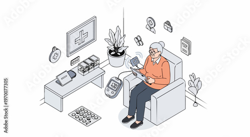 Senior Woman Using Telemedicine and Remote Health Monitoring at Home Isometric Illustration
