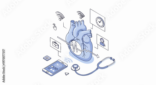 Isometric Digital Health Monitoring Concept with Human Heart, Smartphone, and Medical Icons for Telemedicine and Cardiology Technology