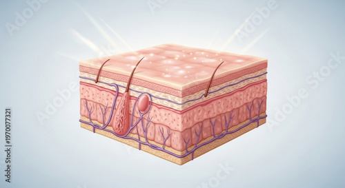 Anatomical cross section of human skin layers showing epidermis dermis and subcutaneous tissue with hair follicles in detailed medical illustration