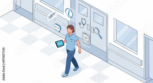 Isometric Medical Professional in Hospital Hallway Using Tablet for Patient Monitoring and Healthcare Technology Management