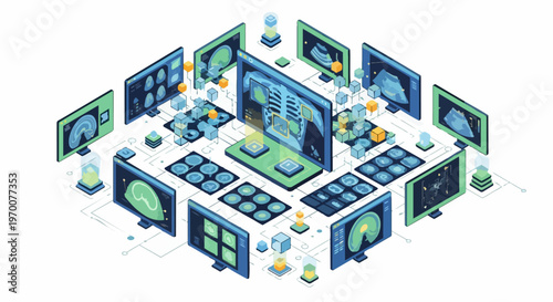 Futuristic Medical Technology Isometric Illustration showing Digital Health Data Network, AI Diagnostics, MRI Scans, and X-ray Analysis for Modern Healthcare Systems.