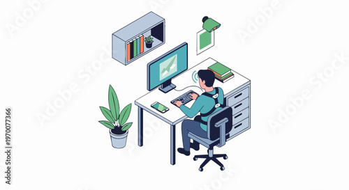 Isometric Illustration of a Man Working at a Desk Using a Smart Posture Corrector Device for Ergonomics and Digital Health Awareness