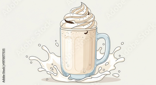 Creamy vanilla milkshake in a glass mug with a milk splash effect and whipped cream topping in a clean flat design vector illustration