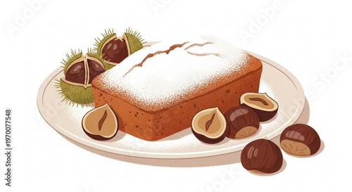 Fresh chestnut pound cake with powdered sugar and whole chestnuts on a plate illustration