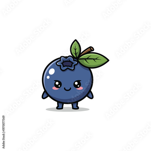 Cute cartoon blueberry character with a smiling face, pink cheeks, and green leaves isolated on a white background. This anthropomorphic fruit mascot is suitable for kids' designs and logos.