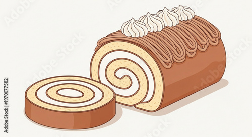 Swiss roll cake with chocolate cream and whipped cream topping illustration