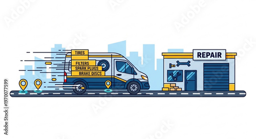Van delivering auto parts to a repair shop in a city street vector illustration