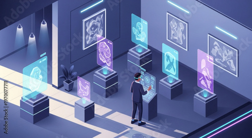 Businessman wearing virtual reality headset exploring digital art museum in isometric view