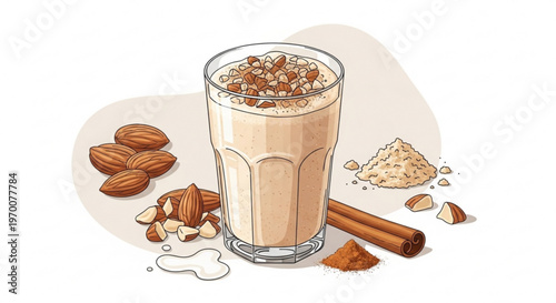 Fresh almond milk smoothie in glass with raw nuts and cinnamon sticks for healthy breakfast or vegan drink concept isolated on white background