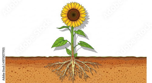 Detailed sunflower plant with root system in soil cross section isolated on white background for biological education and agricultural study