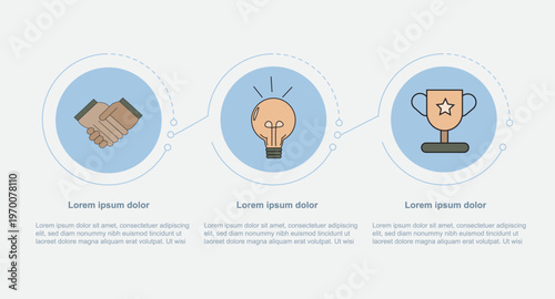 Clean horizontal infographic vector with three steps showing handshake, light bulb, and trophy icons. Represents partnership, ideas, and success. Ideal for business workflow, strategy, and achievement