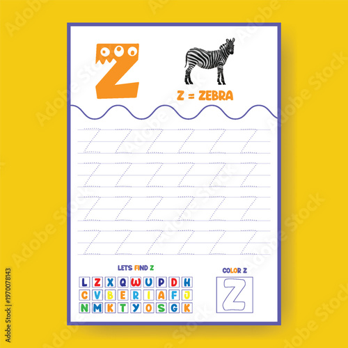Cute alphabet tracing and coloring worksheet for letter Z featuring a zebra illustration, fun learning activity for preschoolers and kindergarten kids educational material