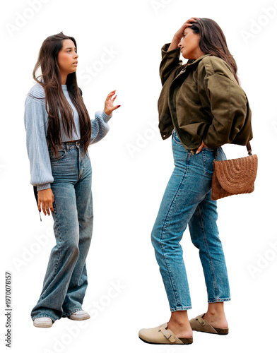 Foto Two young women having a serious conversation while standing casually