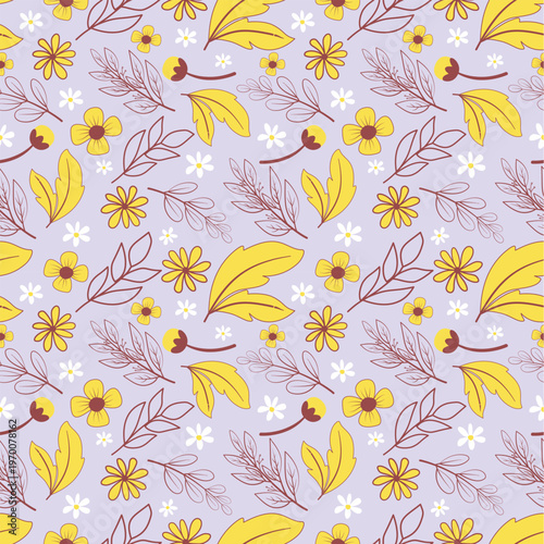 Seamless Hand-Drawn Floral Pattern with Minimalist Leaves and Flowers. This charming repeat design features yellow blossoms, delicate white daisies, and botanical leaf doodles.