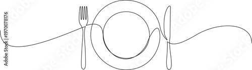 continuous line drawing of plate and cutlery, dinner or lunch symbol, line art vector illustration