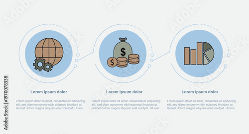 Modern horizontal infographic vector with three steps featuring global business, finance, and analytics icons. Perfect for workflow presentation, data visualization, financial strategy, and corporate 
