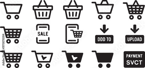 Shopping cart icon set. E-commerce and online purchase symbol. Vector illustration.