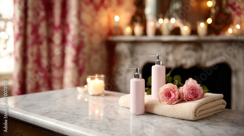 Luxurious spa products and pink roses with warm candlelight for relaxation and wellness