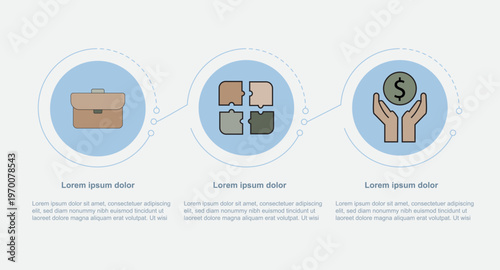 Modern business infographic vector with three step layout featuring briefcase, puzzle, and finance icons. Suitable for workflow presentation, problem solving, and corporate strategy concepts.