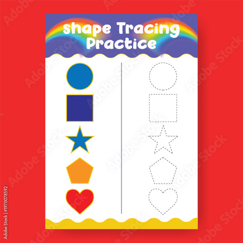 Shapes tracing practice worksheet with colorful geometric shapes and dotted outlines for kids learning. Fun educational activity for preschoolers to develop motor skills.