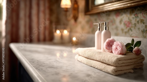 Luxurious bathroom countertop with spa products stacked towels and delicate pink roses amidst warm ambient lighting