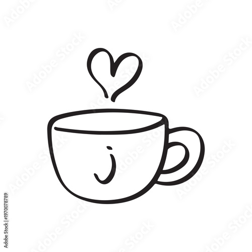 Hand drawn coffee cup with heart steam doodle