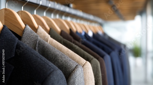 Menswear collection blazers suit jackets business casual attire professional fashion display wardrobe hanger apparel textile pattern fabric selection neutral colors