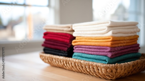 Colorful neatly folded fabric stacks in woven basket on wooden table by window soft light home decor textile craft supplies household item arrangement