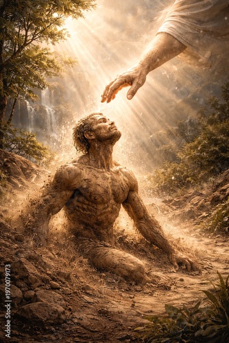 The hand of God touches a man formed from earth amid sunlight in a forest near a waterfall — a biblical scene of the creation of Adam in the style of classical painting