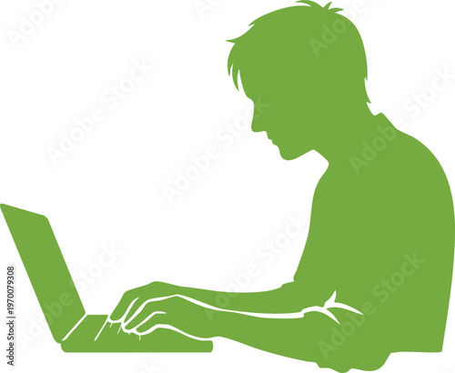 Abstract vector illustration of a young business woman with hair like a green eco tree profile working on a laptop silhouette style