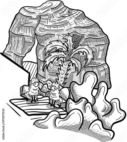 Black and white illustration of cute sheep enjoying a picnic in the desert near Elephant Rock in AlUla, Saudi Arabia, whimsical landscape and travel artwork.