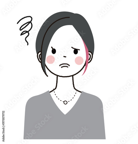 インナーカラーのショートボブの女性　モヤモヤしている女性