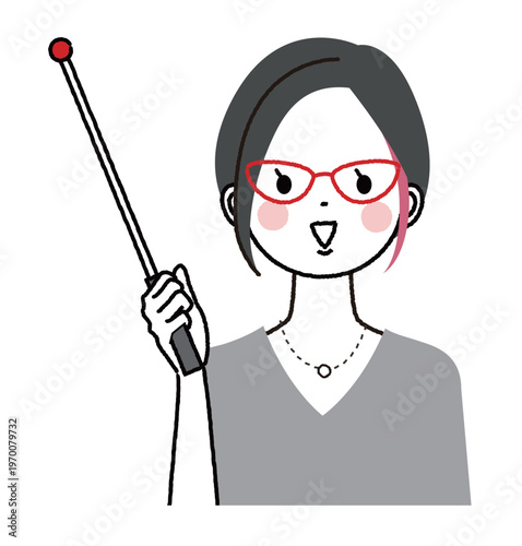 インナーカラーのショートボブの女性　指示棒をもつメガネの女性