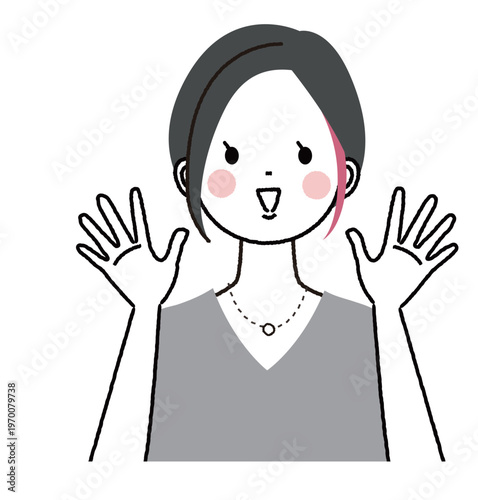 インナーカラーのショートボブの女性　両手でバンザイして喜ぶ女性