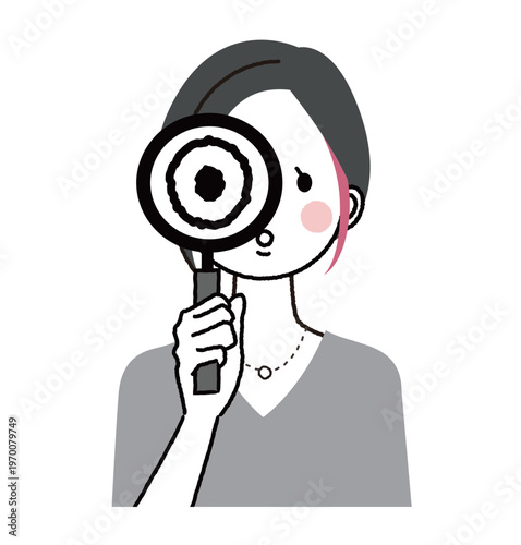 インナーカラーのショートボブの女性　虫眼鏡で調べている女性