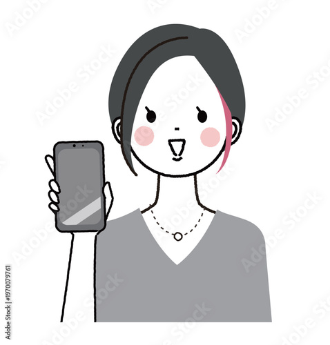 インナーカラーのショートボブの女性　笑顔でスマートフォンの画面を見せる女性