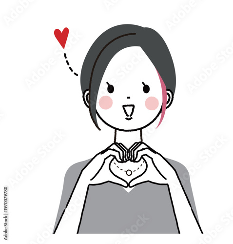 インナーカラーのショートボブの女性　両手でハートを作る笑顔の女性