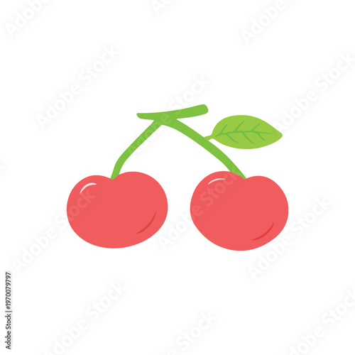 Red Cherry Fruit Pair with Green Leaf Illustration
