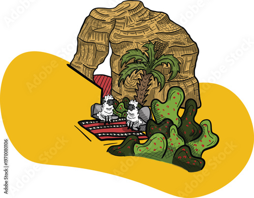 Cute sheep enjoying a picnic in the desert near Elephant Rock in AlUla, Saudi Arabia, whimsical travel and lifestyle illustration with a warm natural landscape.