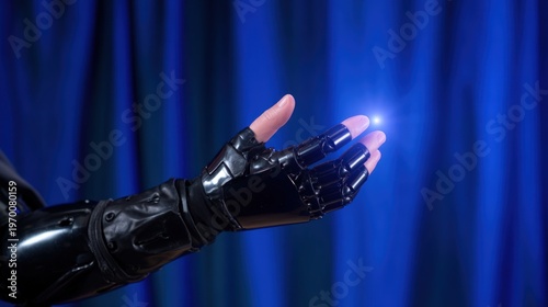 Robotic hand holding glowing blue energy orb future technology concept innovation