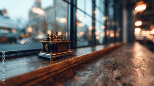 Antique telegraph key device on wood countertop by window urban setting vintage communication technology
