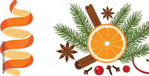 Orange Peel Spiral and Citrus Slice with Christmas Spices Pine Branches Cinnamon and Star Anise Festive Vector Illustration Set