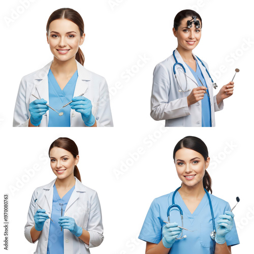 Four dentists with dental tools on transparent background