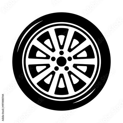 Car Wheel Tire Rim Black Silhouette Illustration for Automotive Design, Vehicle Parts, Alloy Wheel and Transport Graphic Art